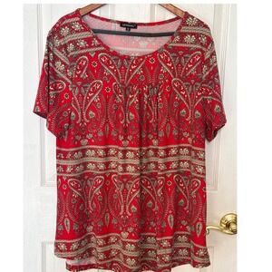 Letdiosto Paisley‎ Tunic Top Womens 3X Red Excellent Short Sleeve Pleated Boho